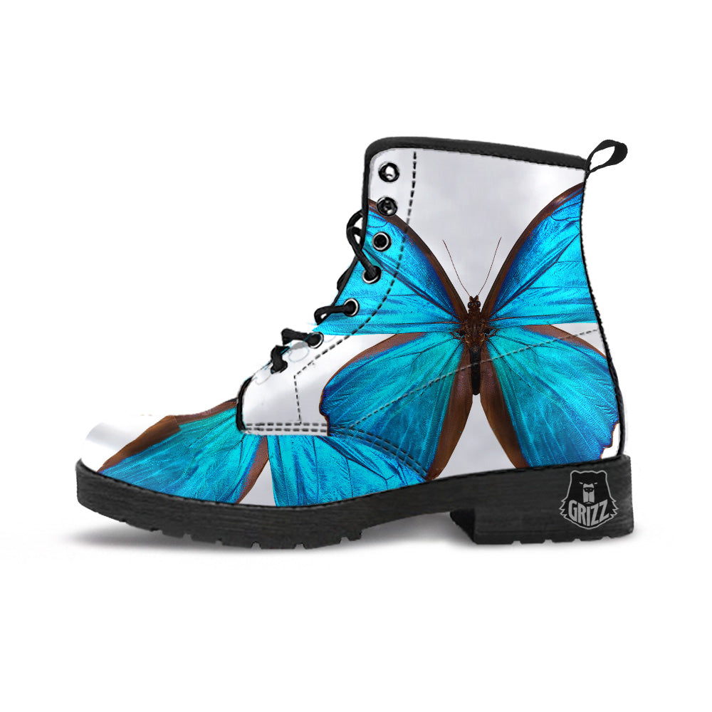 Butterfly Wings Blue Monarch Print Leather Boots-grizzshop