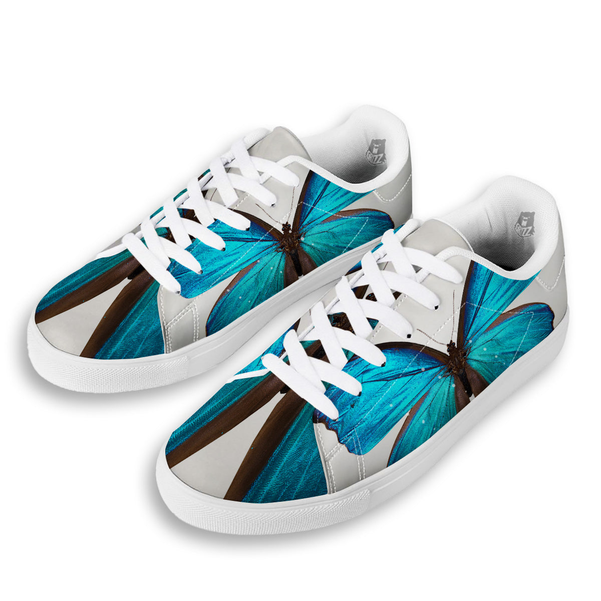 Butterfly Wings Blue Monarch Print White Low Top Sneakers-grizzshop