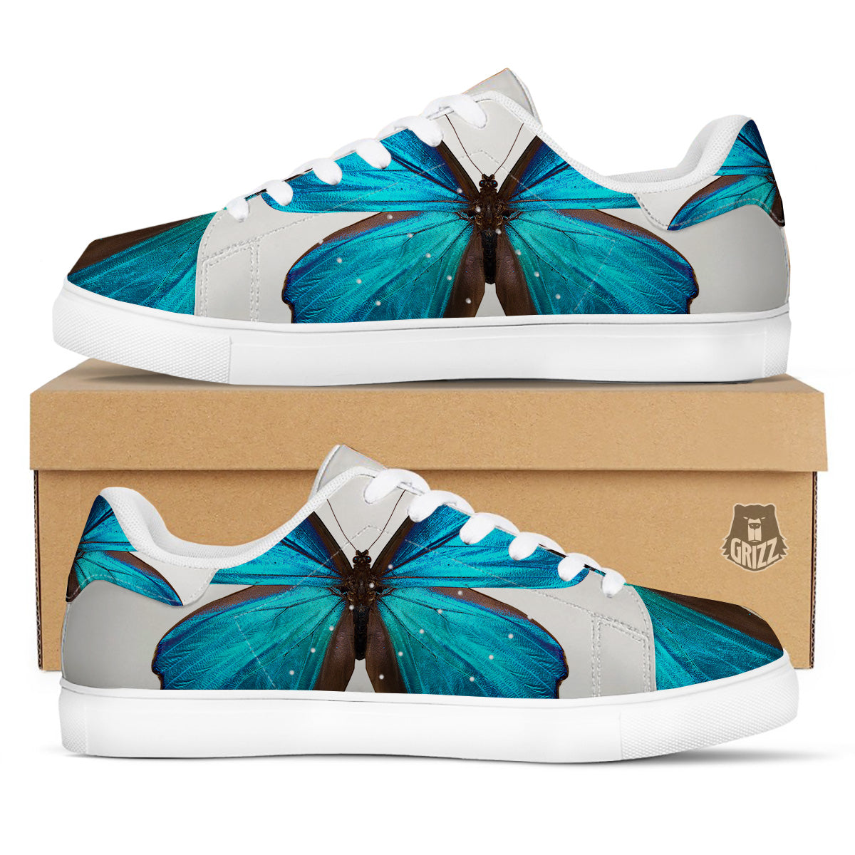 Butterfly Wings Blue Monarch Print White Low Top Sneakers-grizzshop