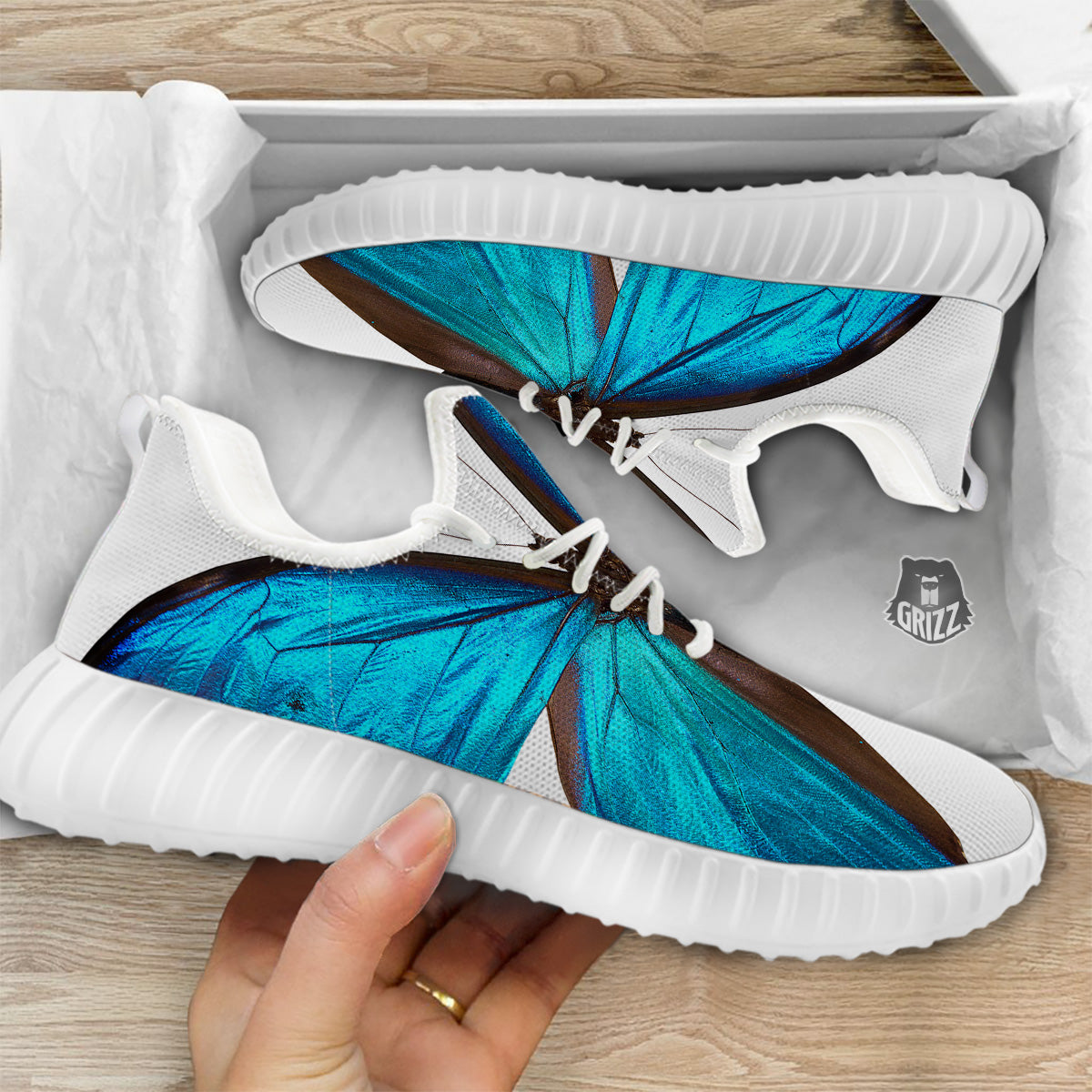 Butterfly Wings Blue Monarch Print White Walking Shoes-grizzshop
