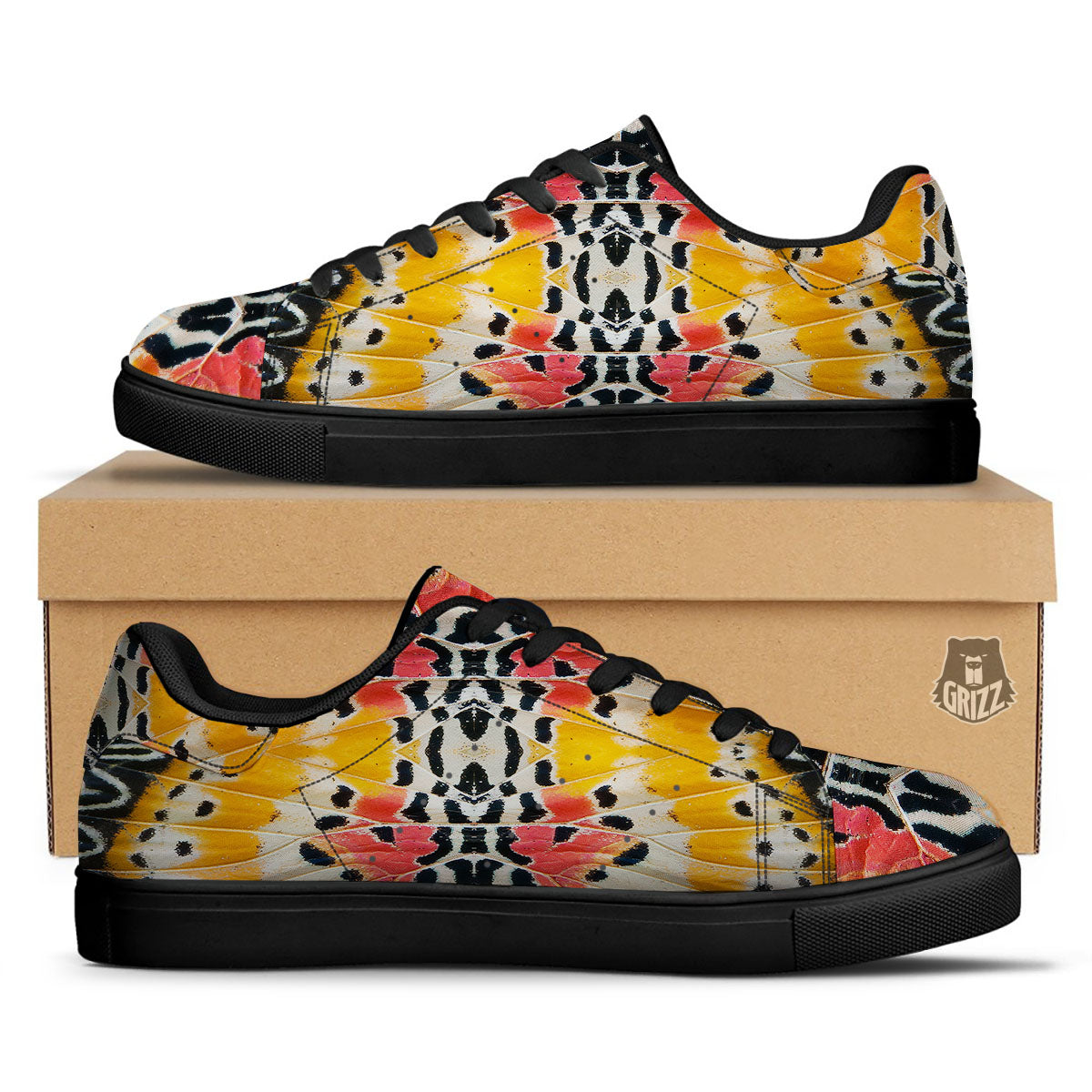 Butterfly Wings Orange Monarch Print Black Low Top Sneakers-grizzshop