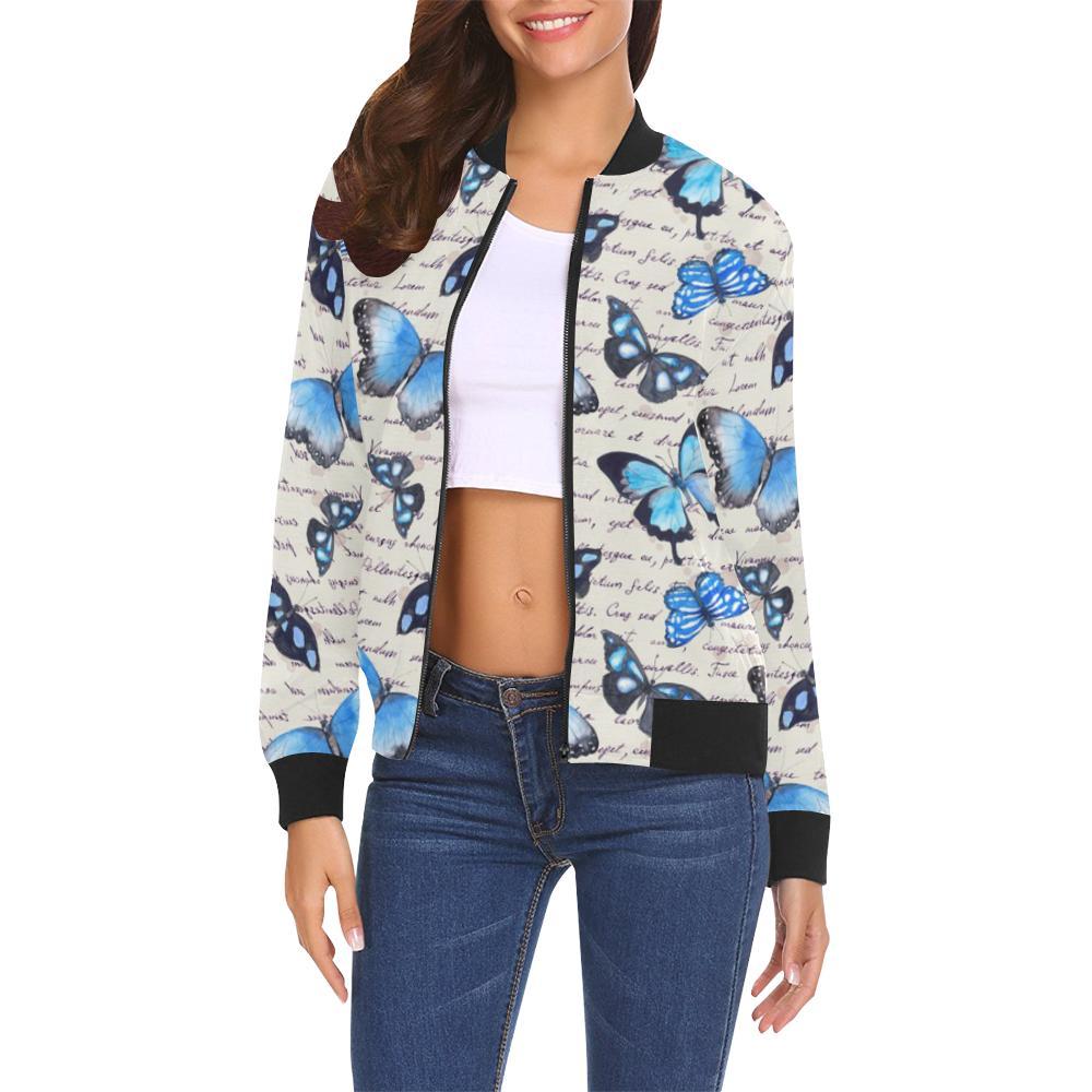 Butterfly Blue Pattern Print Butterfly Blue Pattern Print Women Casual Bomber Jacket-grizzshop