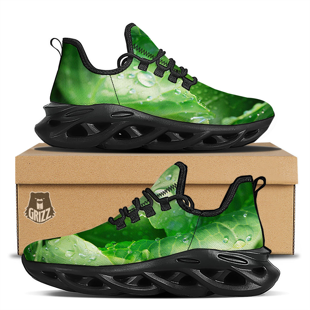 Cabbage Fresh Leaf Print Black Running Shoes-grizzshop