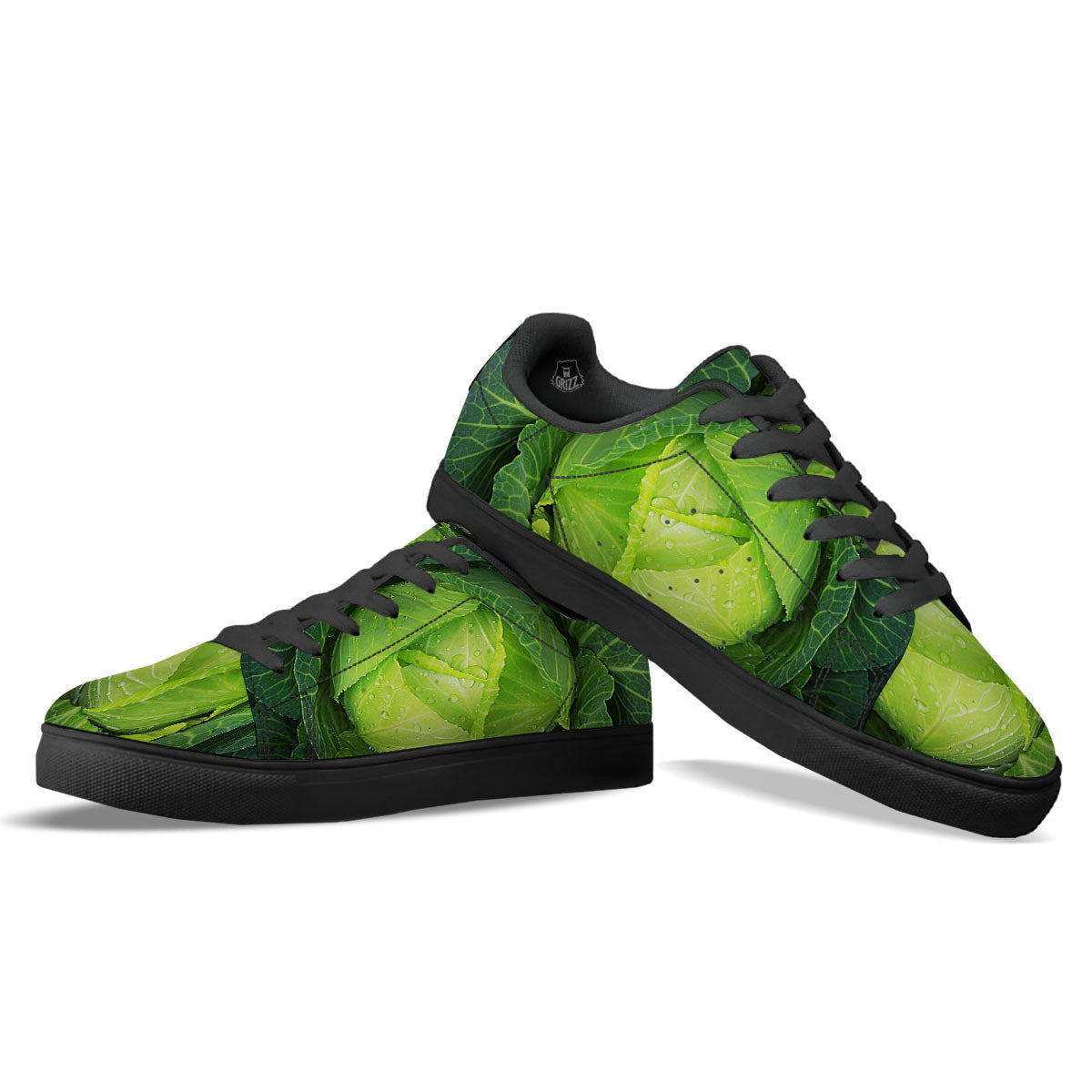 Cabbage Green Print Black Low Top Sneakers-grizzshop