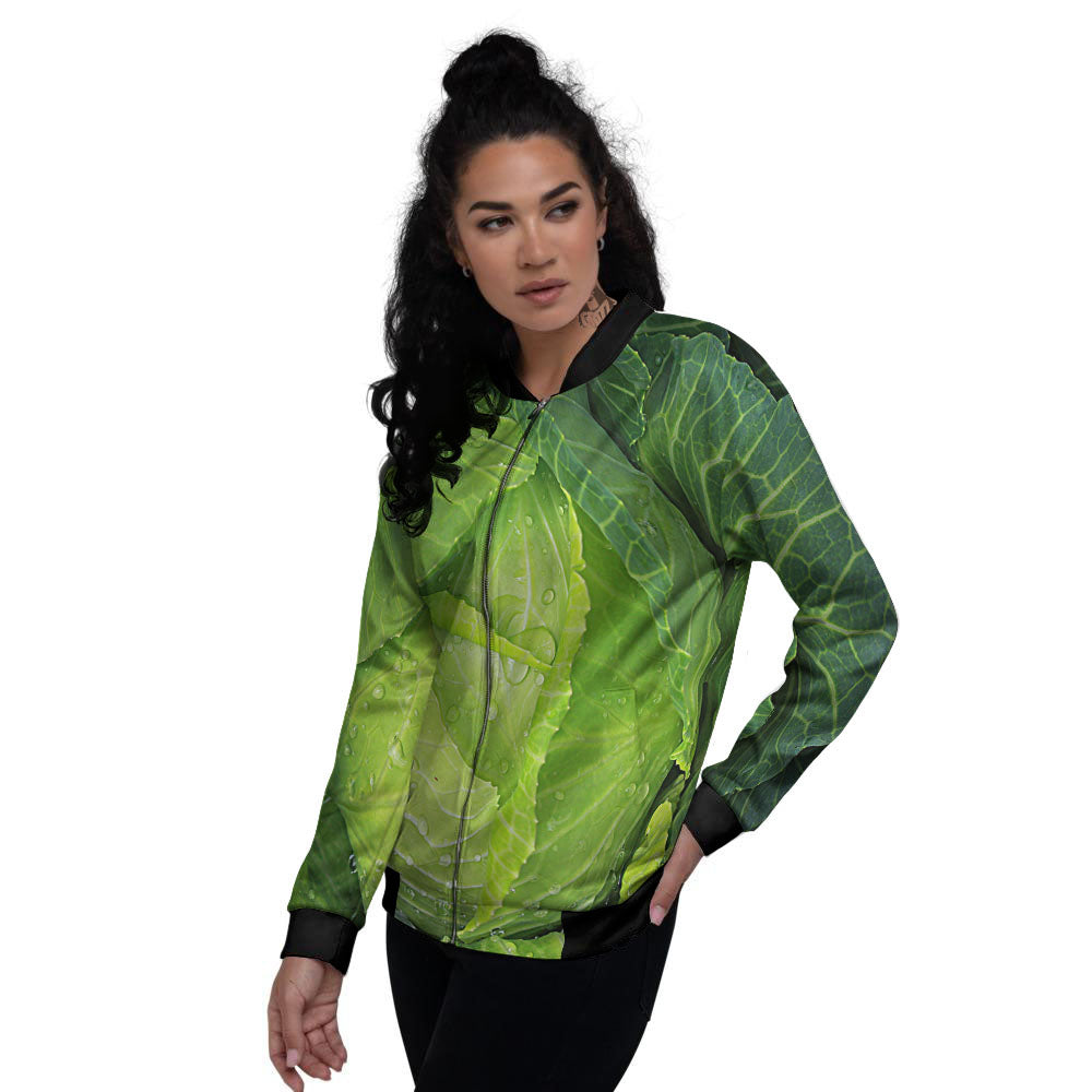 Cabbage Green Print Women's Bomber Jacket-grizzshop