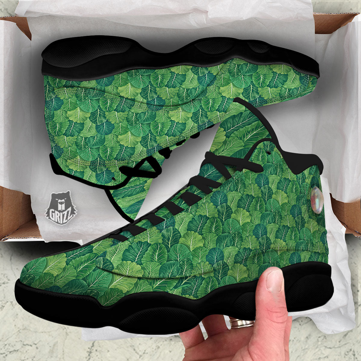 Cabbage Leaf Green Print Black Basketball Shoes-grizzshop