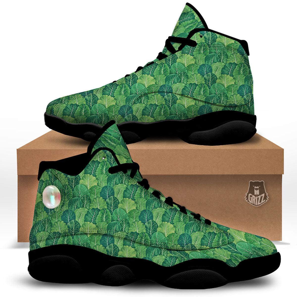 Cabbage Leaf Green Print Black Basketball Shoes-grizzshop