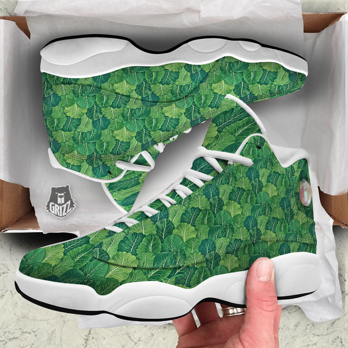 Cabbage Leaf Green Print White Basketball Shoes-grizzshop