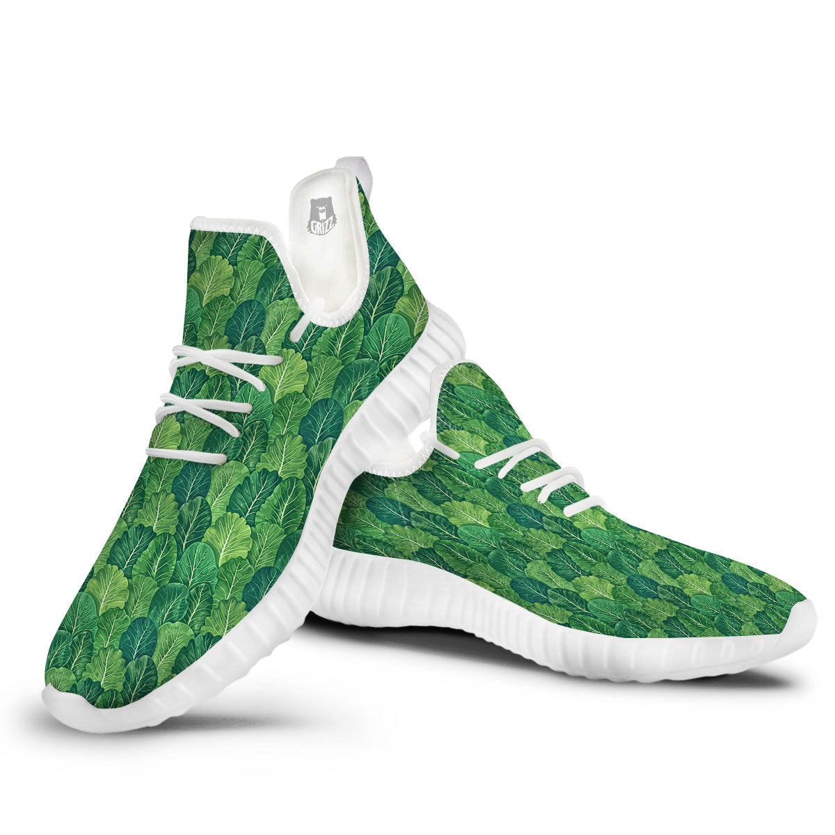 Cabbage Leaf Green Print White Walking Shoes-grizzshop