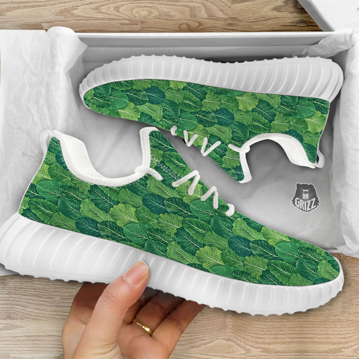 Cabbage Leaf Green Print White Walking Shoes-grizzshop