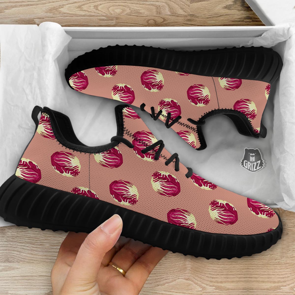 Cabbage Red Print Pattern Black Walking Shoes-grizzshop