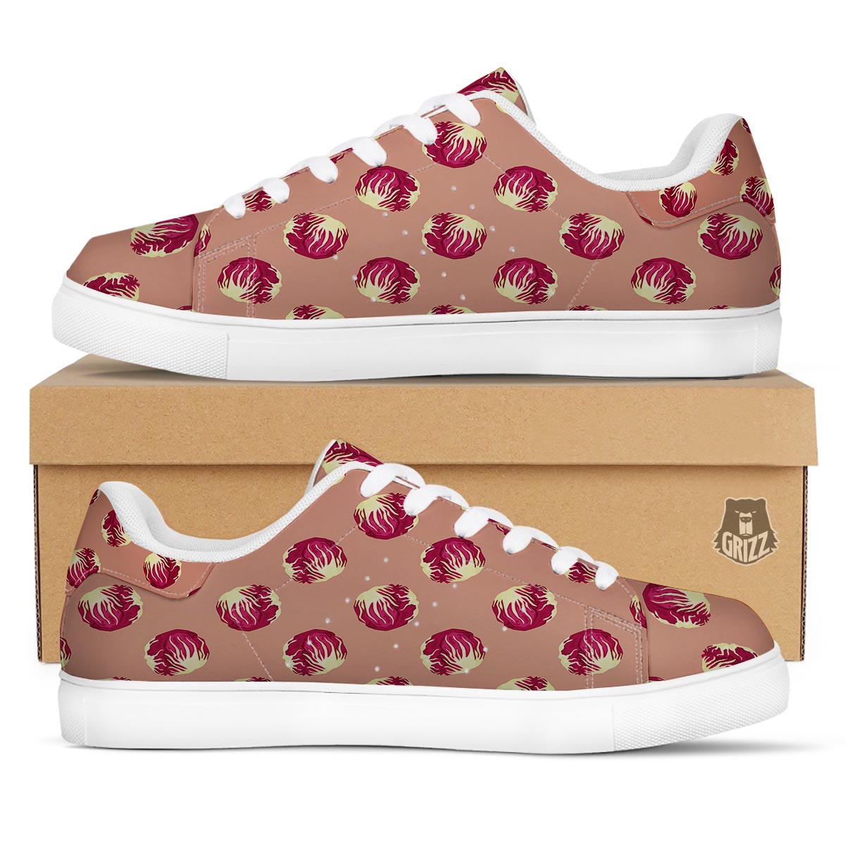 Cabbage Red Print Pattern White Low Top Sneakers-grizzshop