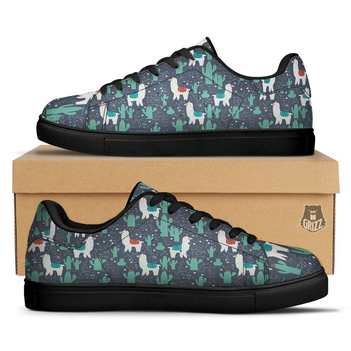 Cactus And Happy Llama Print Pattern Black Low Top Sneakers-grizzshop