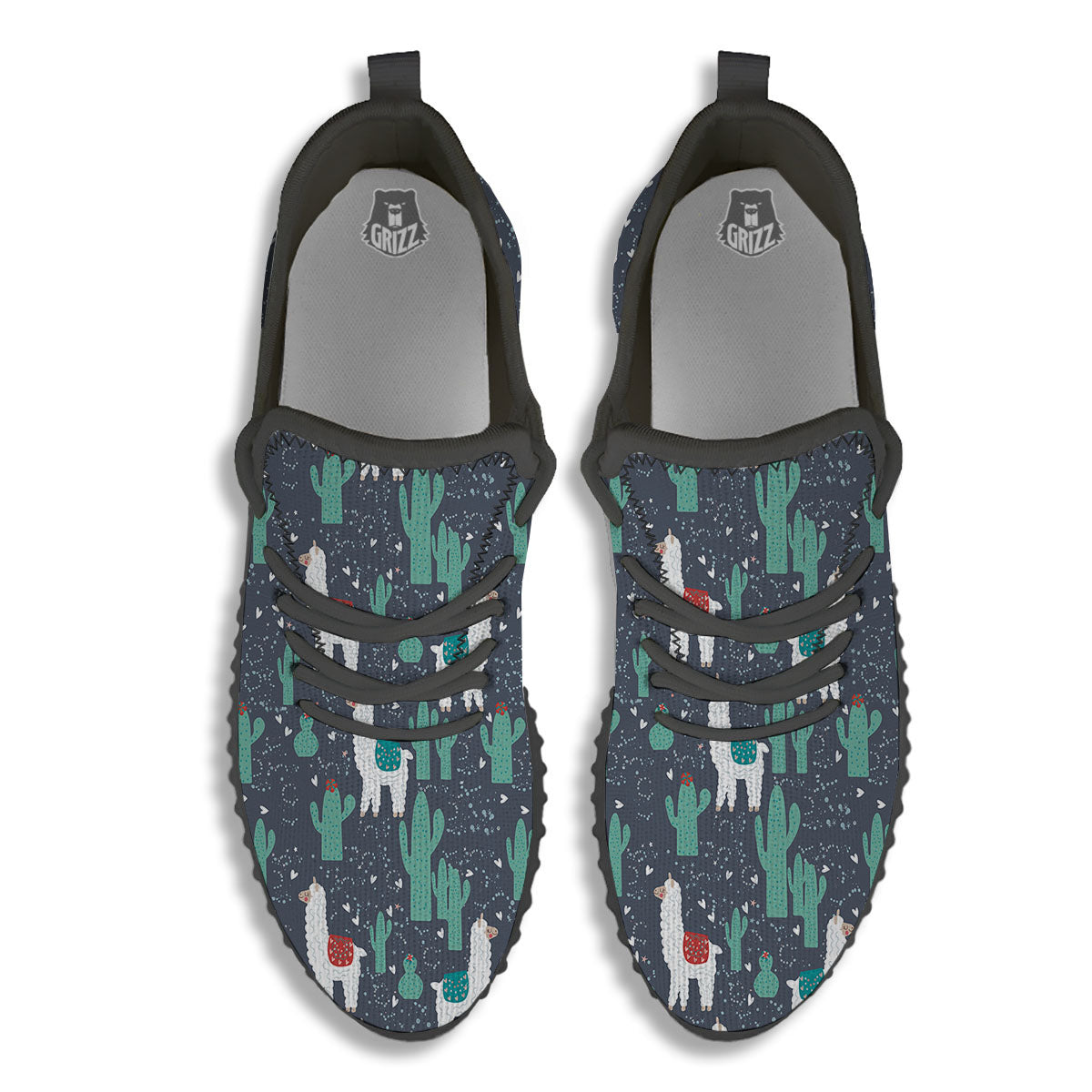 Cactus And Happy Llama Print Pattern Black Walking Shoes-grizzshop