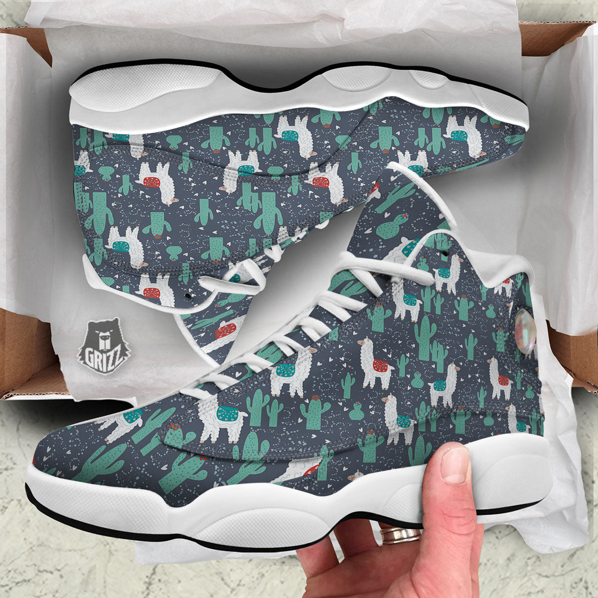 Cactus And Happy Llama Print Pattern White Basketball Shoes-grizzshop