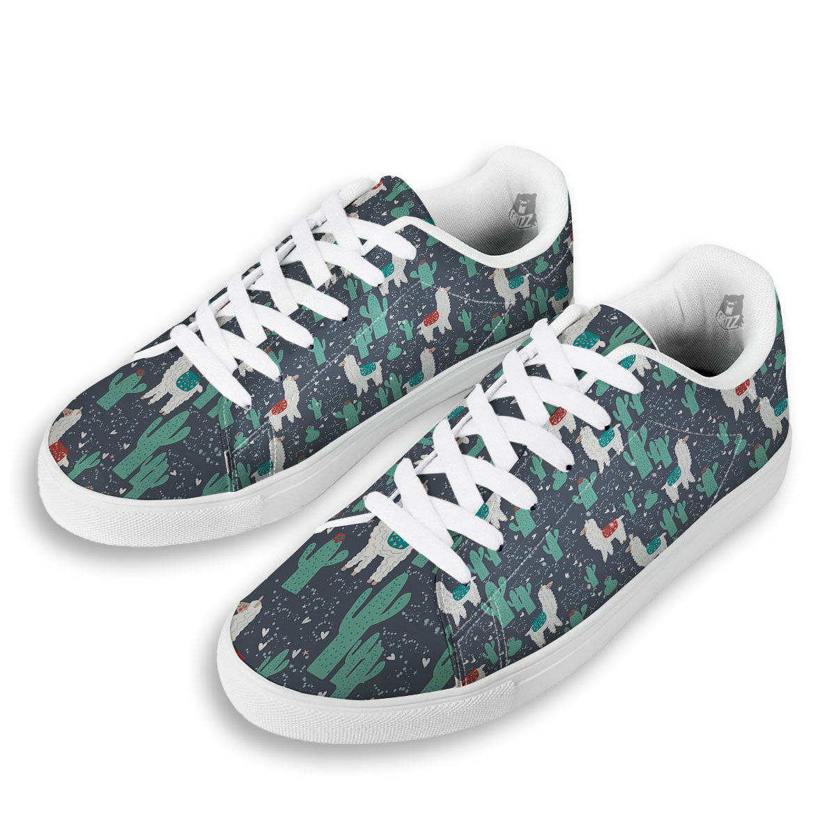Cactus And Happy Llama Print Pattern White Low Top Sneakers-grizzshop