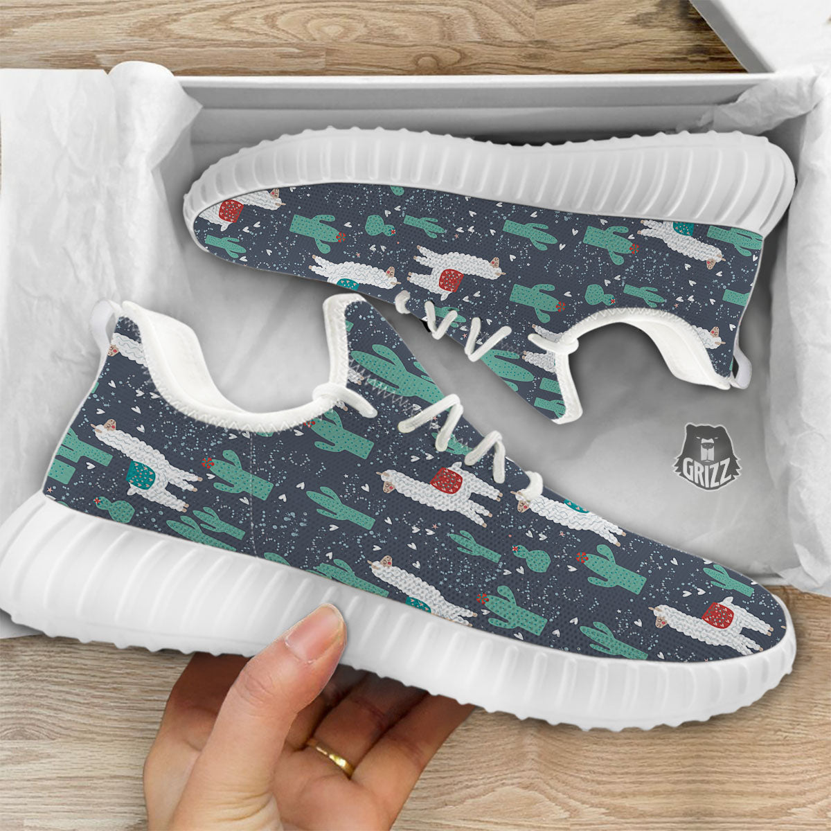 Cactus And Happy Llama Print Pattern White Walking Shoes-grizzshop