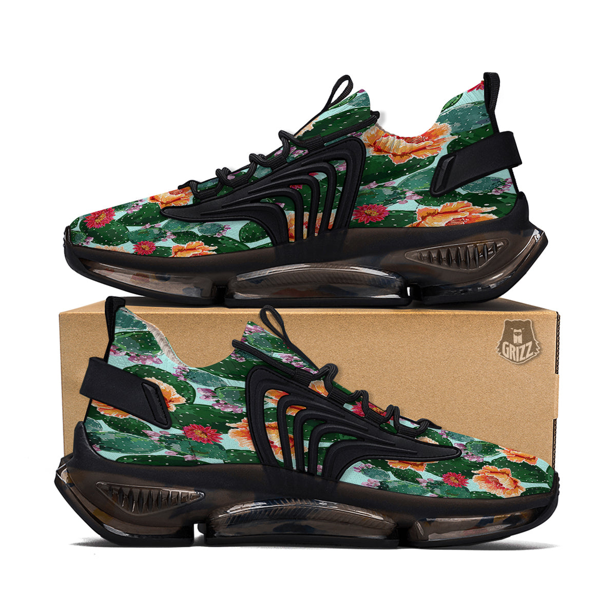Cactus Blooming Watercolor Print Pattern Black Gym Shoes-grizzshop