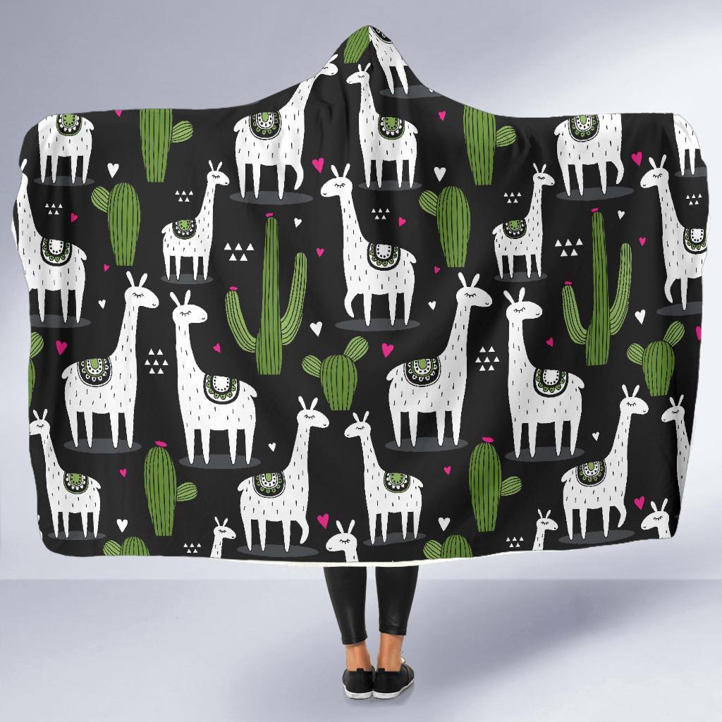 Cactus Llama Pattern Print Hooded Blanket-grizzshop