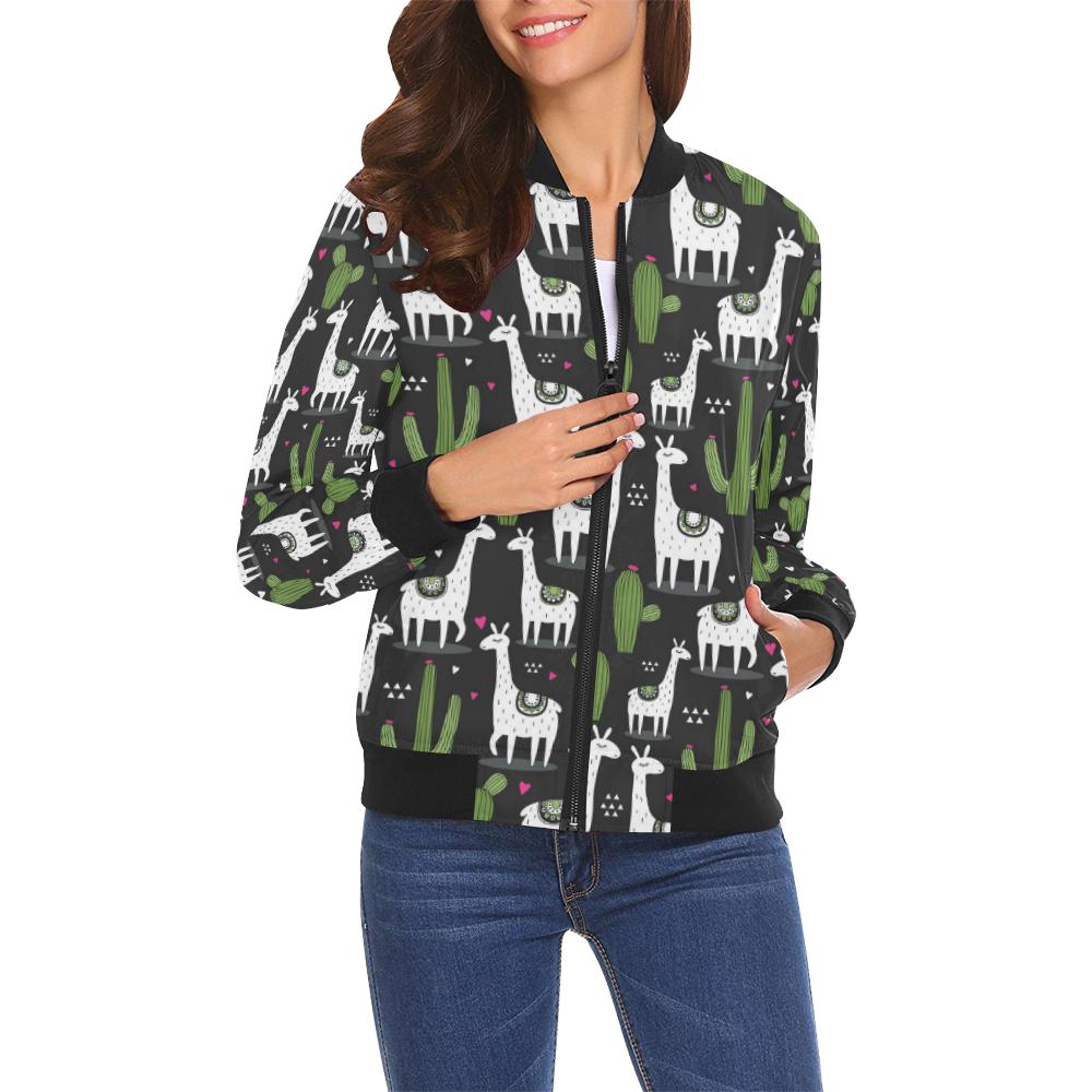 Cactus Llama Pattern Print Women Casual Bomber Jacket-grizzshop