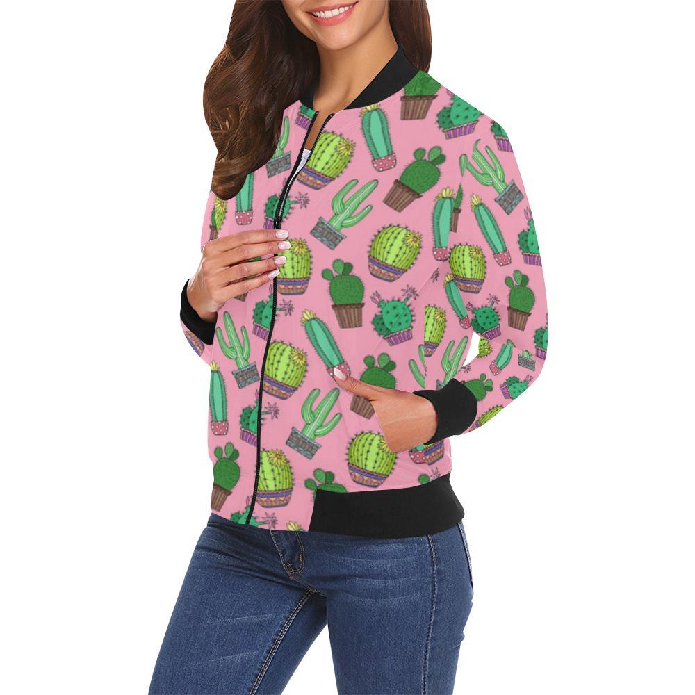 Cactus Pink Pattern Print Women Casual Bomber Jacket-grizzshop