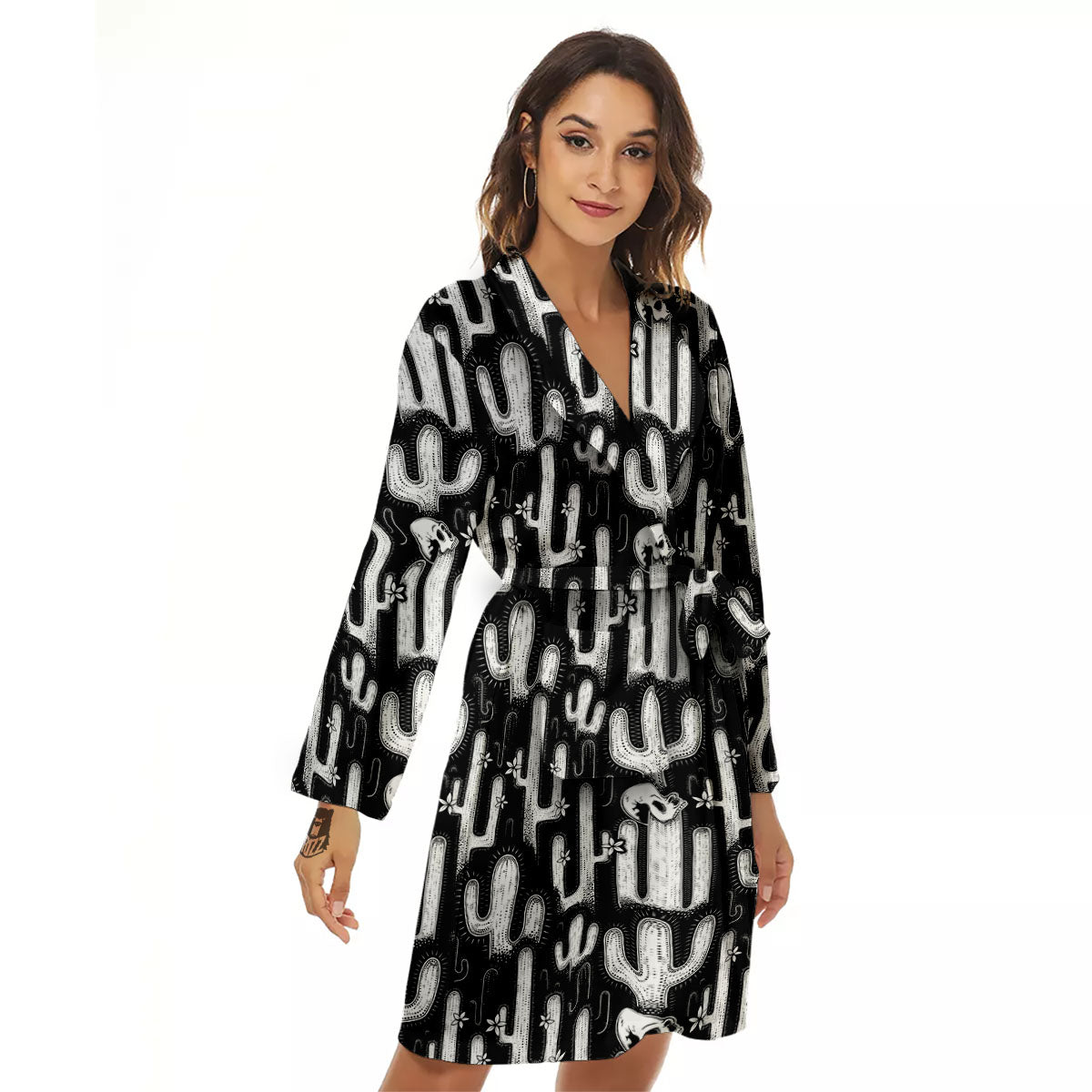 Cactus White And Black Print Pattern Women's Robe-grizzshop