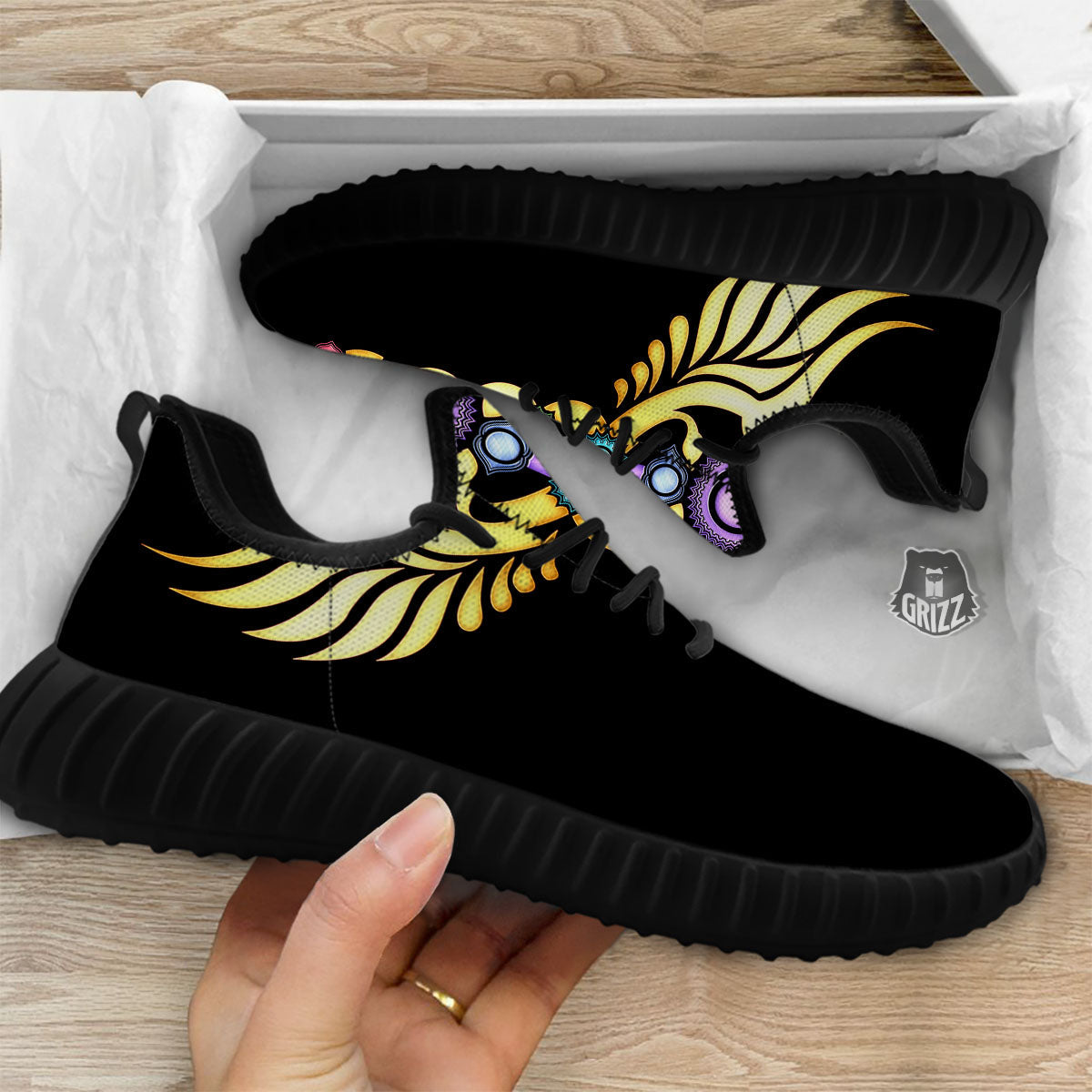 Caduceus 7 Chakras Print Black Walking Shoes-grizzshop