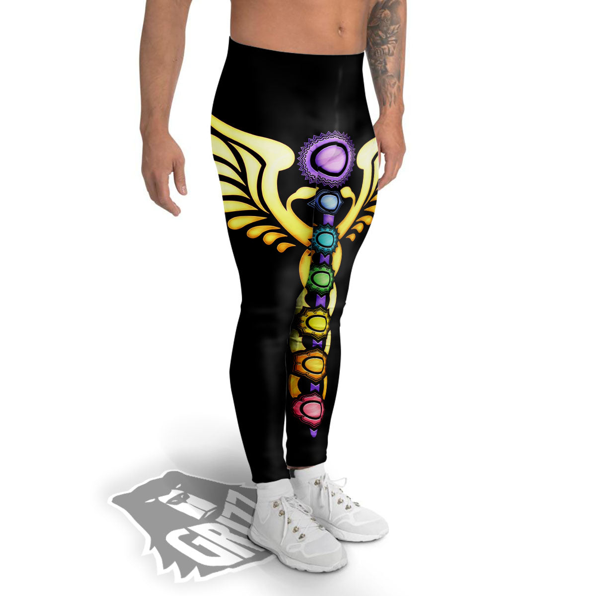 Caduceus 7 Chakras Print Men's Leggings-grizzshop