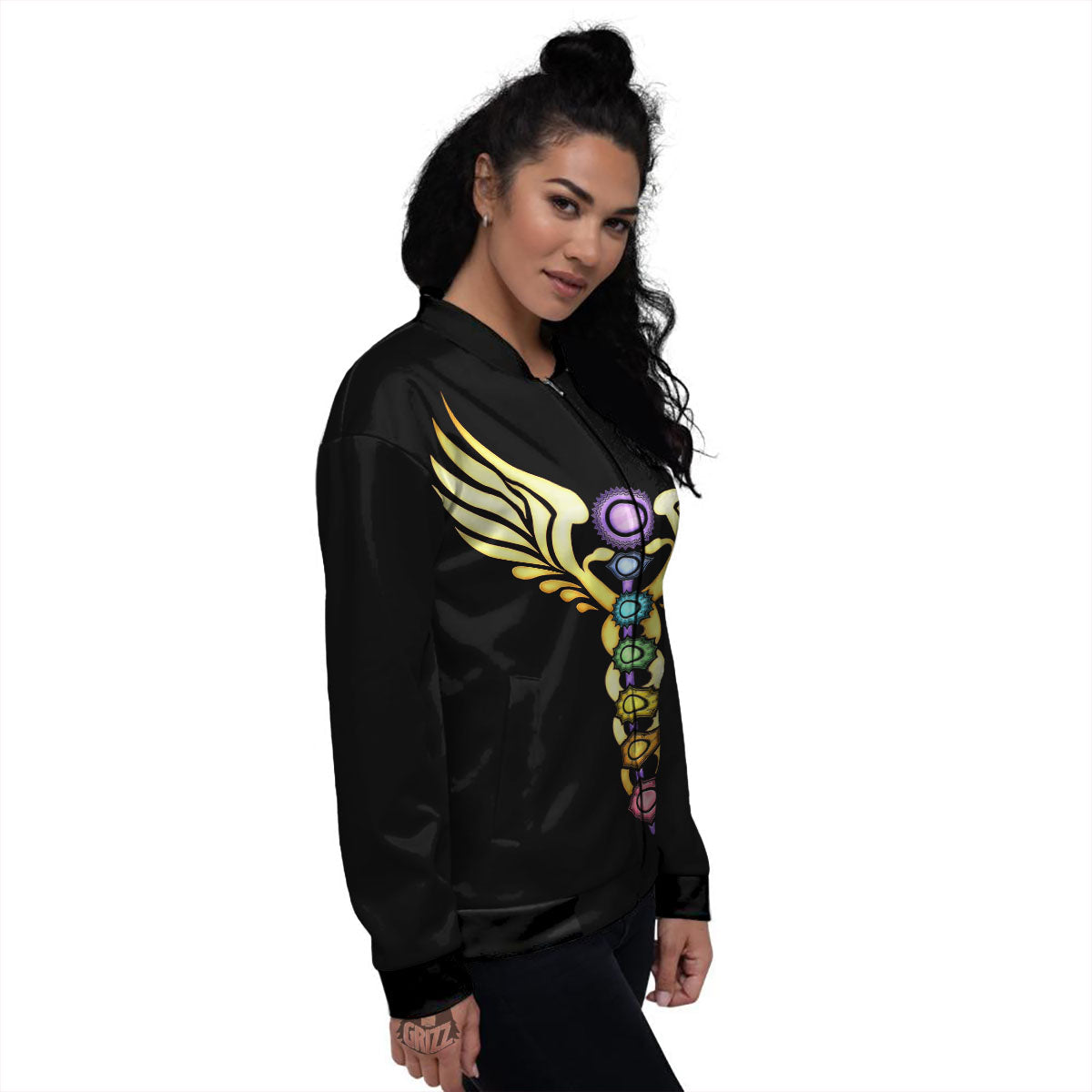 Caduceus 7 Chakras Print Women's Bomber Jacket-grizzshop