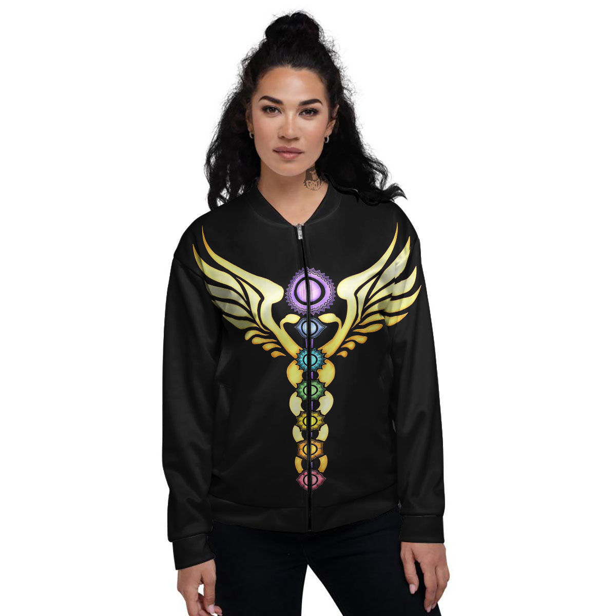 Caduceus 7 Chakras Print Women's Bomber Jacket-grizzshop