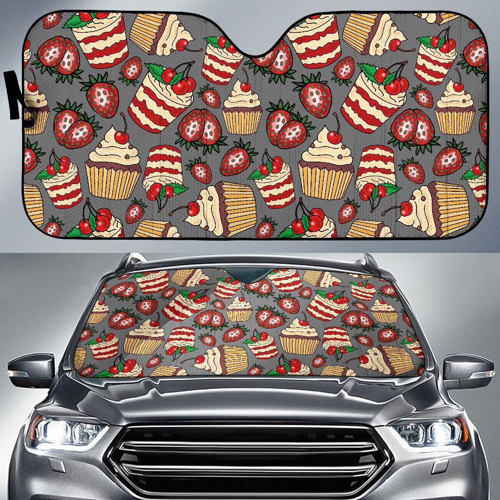 Cake Strawberry Pattern Print Car Sun Shade-grizzshop