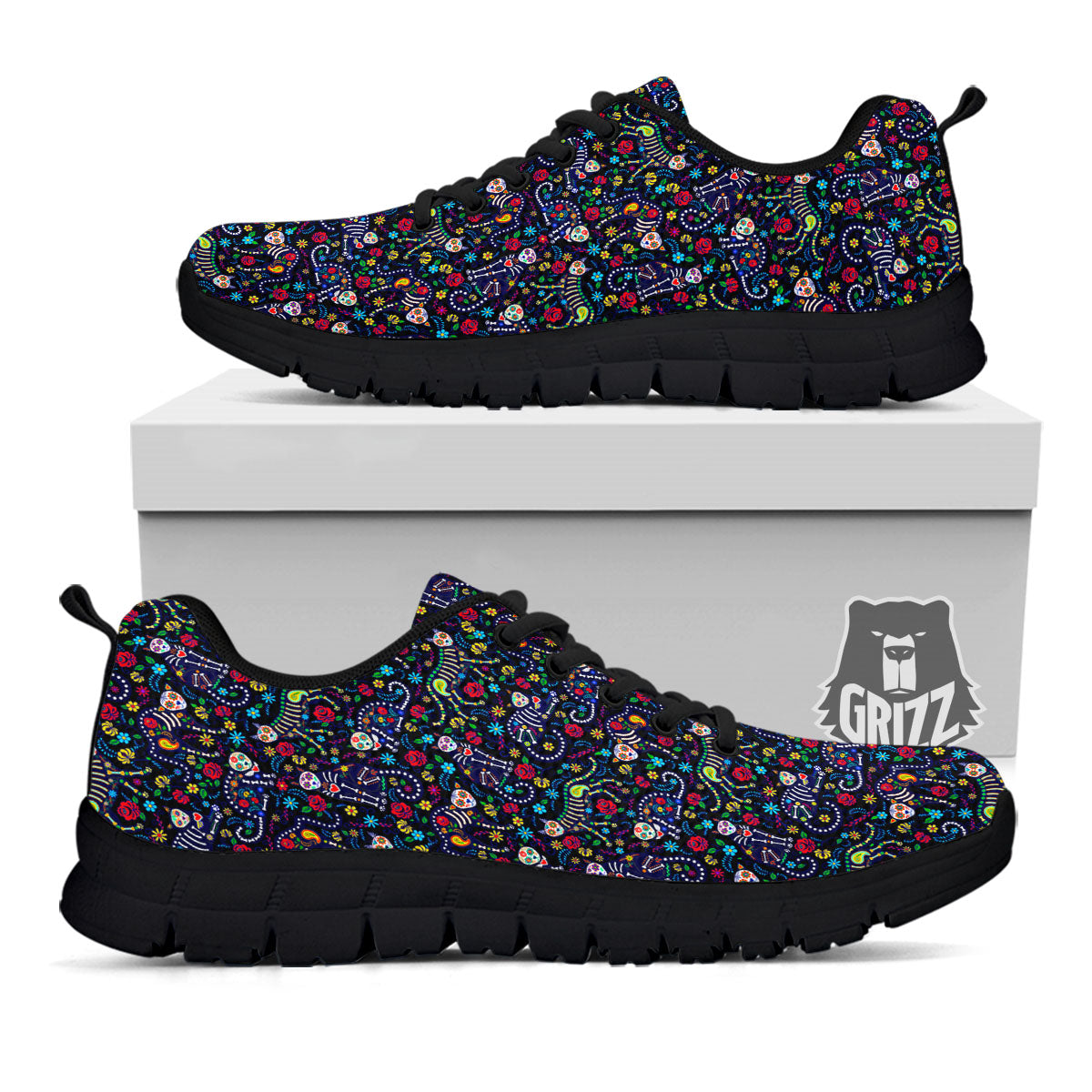 Calavera Cat Day Of The Dead Print Pattern Black Sneaker-grizzshop