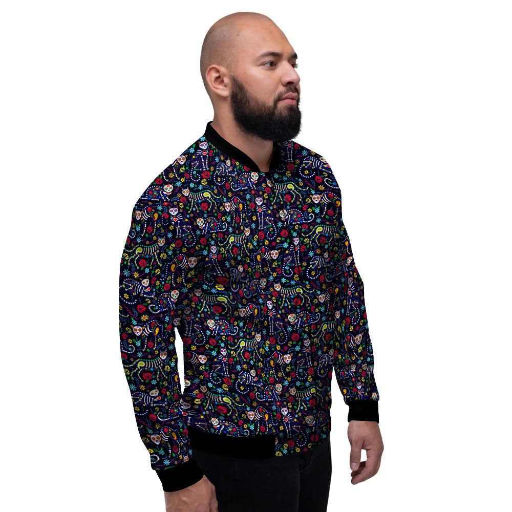 Calavera Cat Day Of The Dead Print Pattern Men's Bomber Jacket-grizzshop