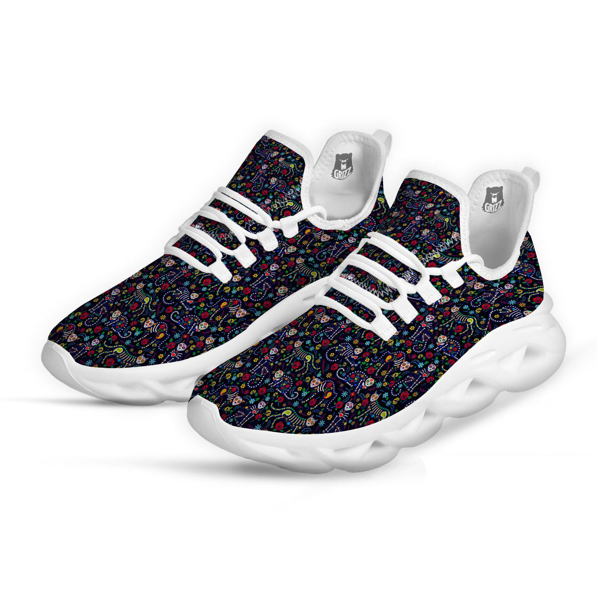 Calavera Cat Day Of The Dead Print Pattern White Running Shoes-grizzshop