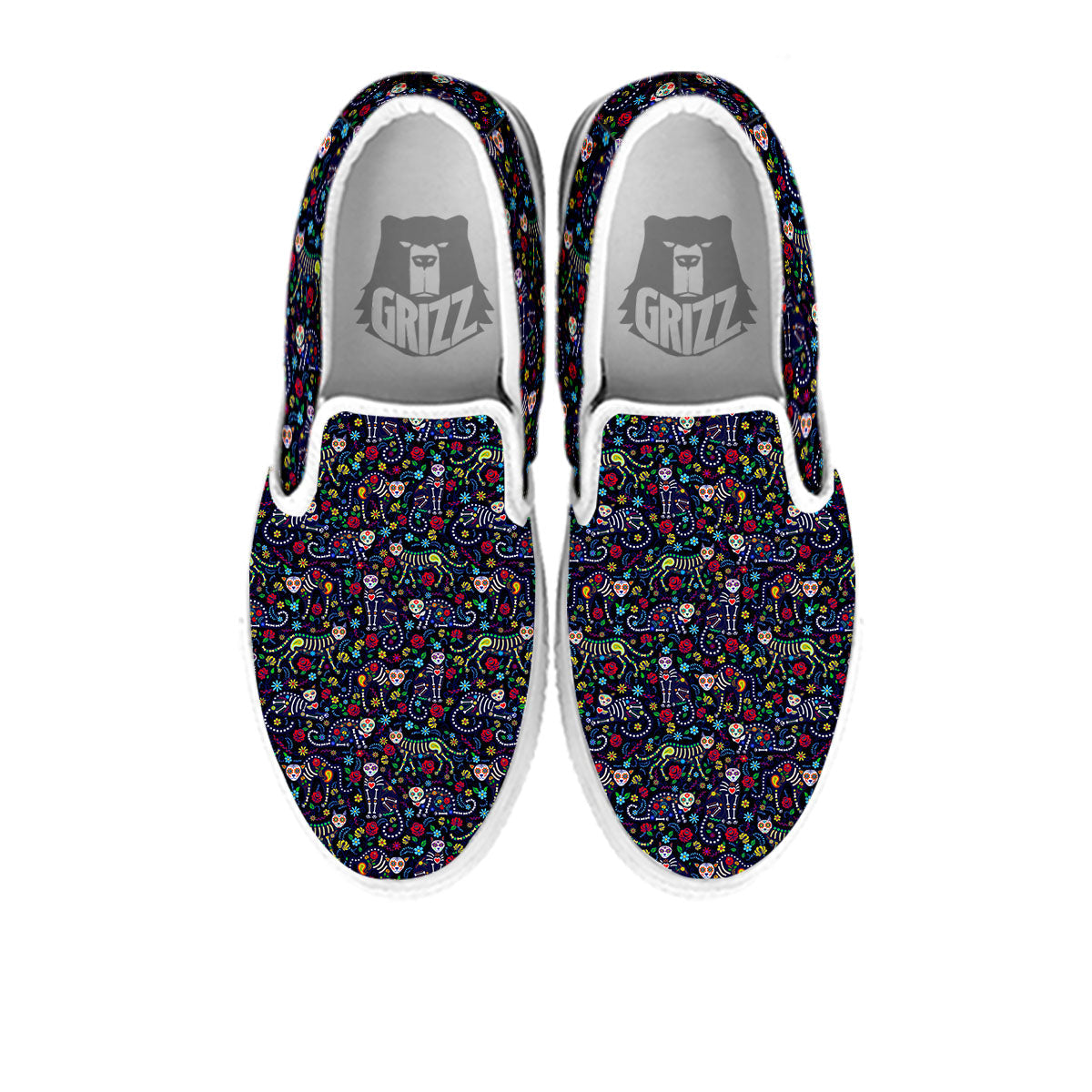Calavera Cat Day Of The Dead Print Pattern White Slip On Shoes-grizzshop