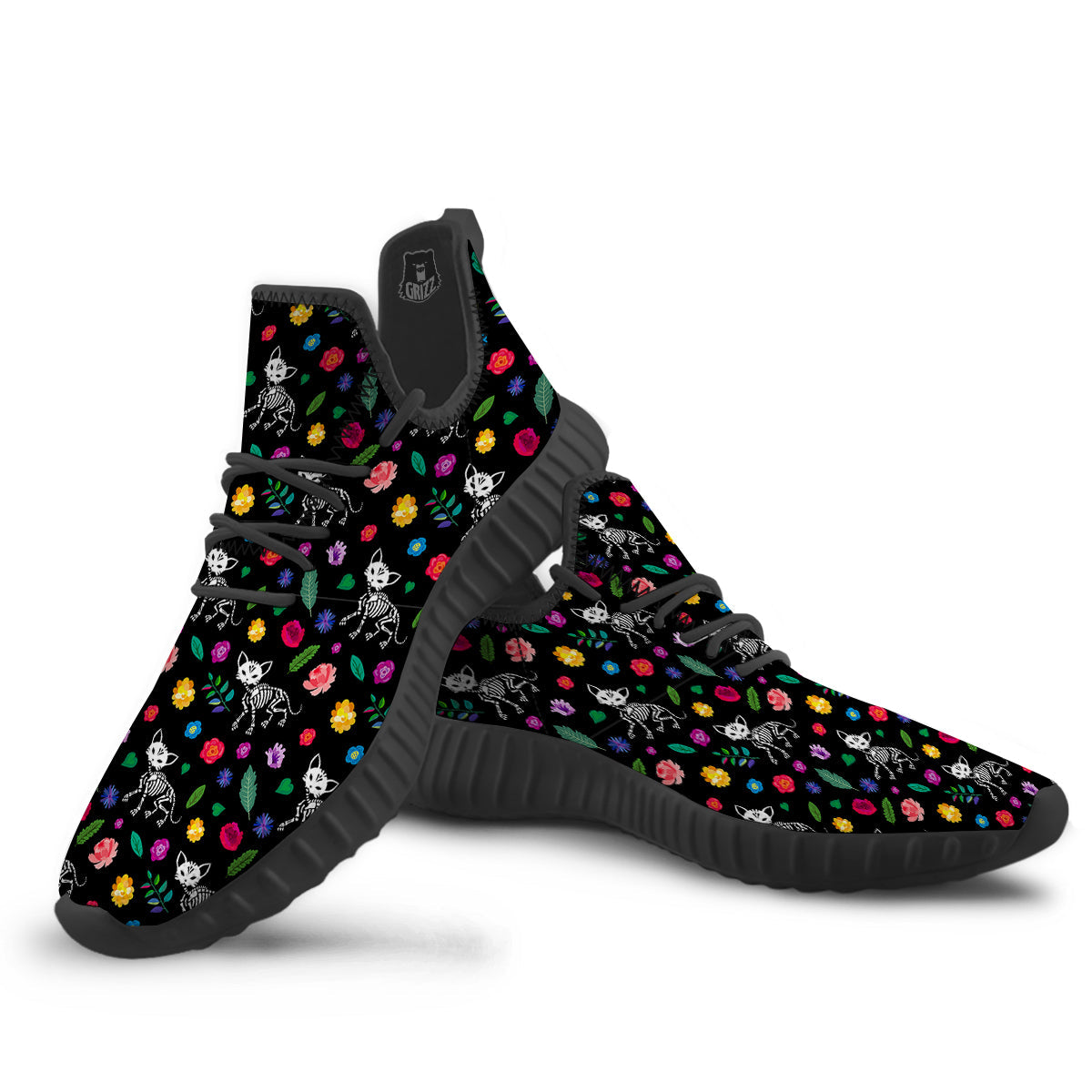 Calavera Cat Skeleton Print Pattern Black Walking Shoes-grizzshop