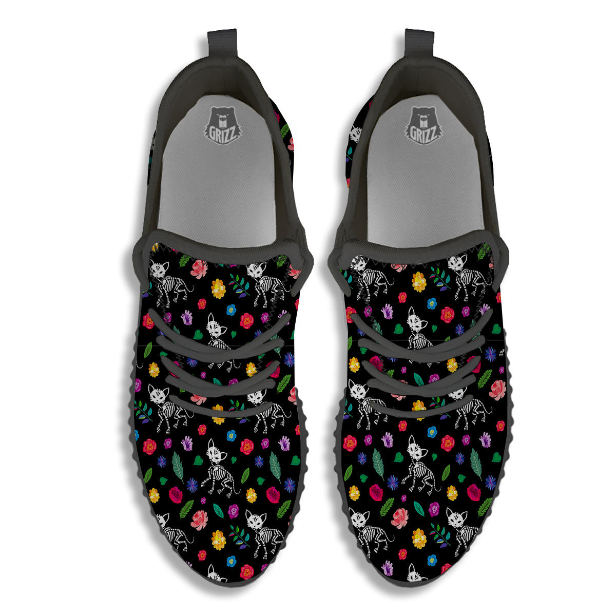 Calavera Cat Skeleton Print Pattern Black Walking Shoes-grizzshop