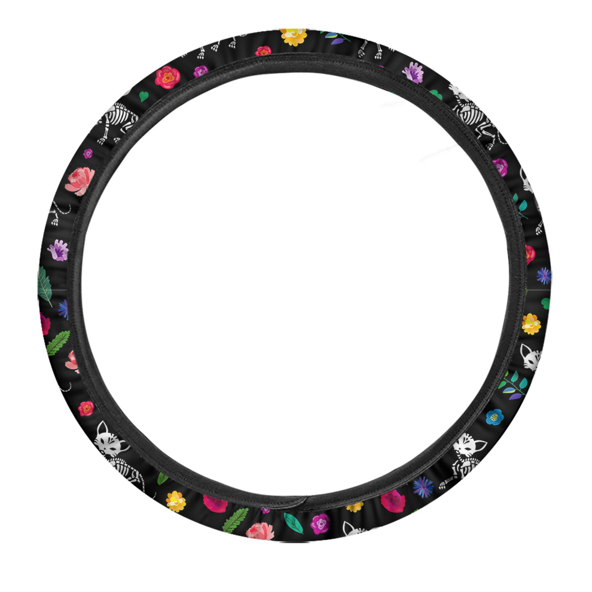 Calavera Cat Skeleton Print Pattern Car Steering Wheel Cover-grizzshop