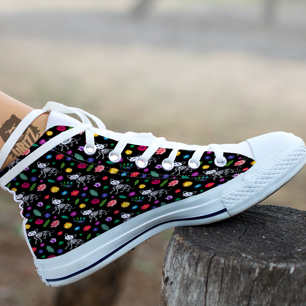 Calavera Cat Skeleton Print Pattern White High Top Shoes-grizzshop