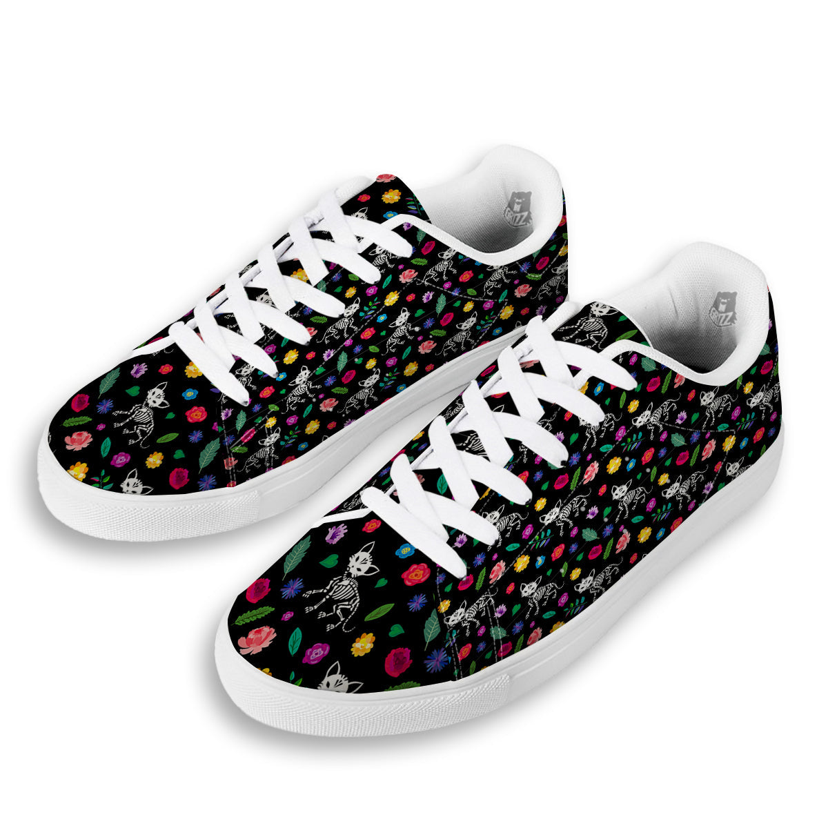 Calavera Cat Skeleton Print Pattern White Low Top Sneakers-grizzshop