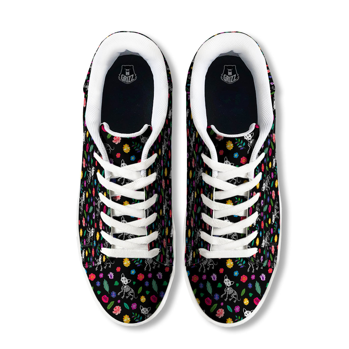 Calavera Cat Skeleton Print Pattern White Low Top Sneakers-grizzshop