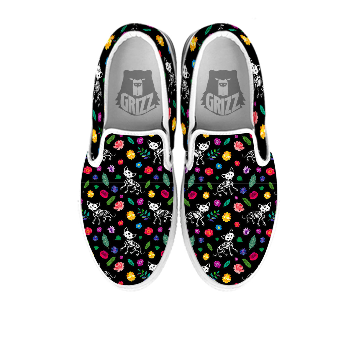 Calavera Cat Skeleton Print Pattern White Slip On Shoes-grizzshop
