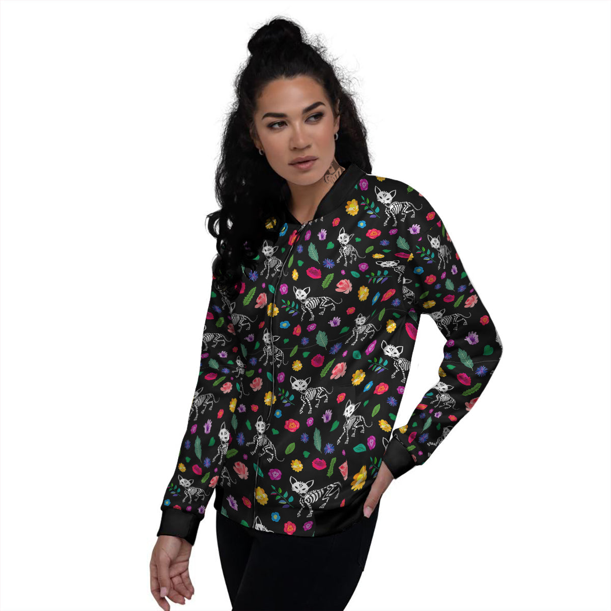Calavera Cat Skeleton Print Pattern Women's Bomber Jacket-grizzshop