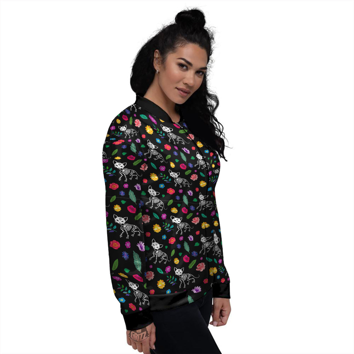 Calavera Cat Skeleton Print Pattern Women's Bomber Jacket-grizzshop