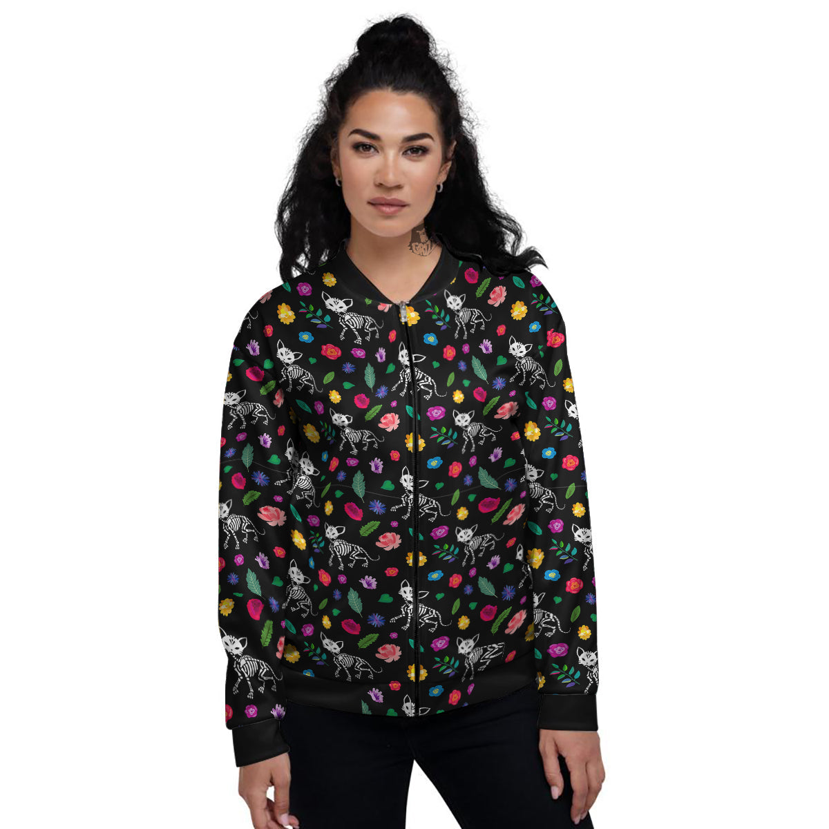 Calavera Cat Skeleton Print Pattern Women's Bomber Jacket-grizzshop