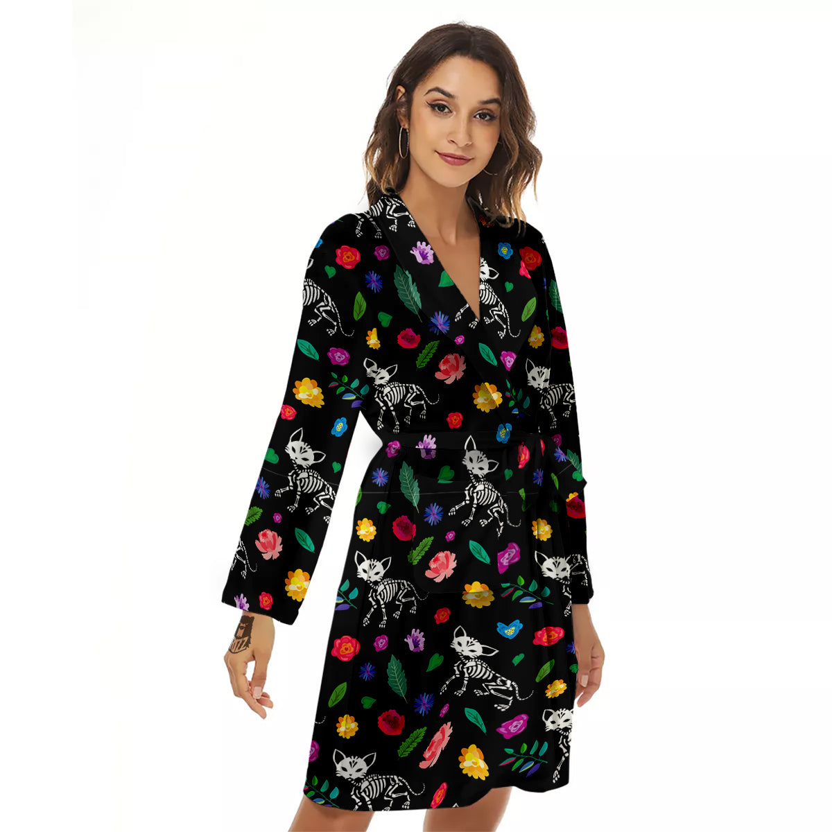 Calavera Cat Skeleton Print Pattern Women's Robe-grizzshop