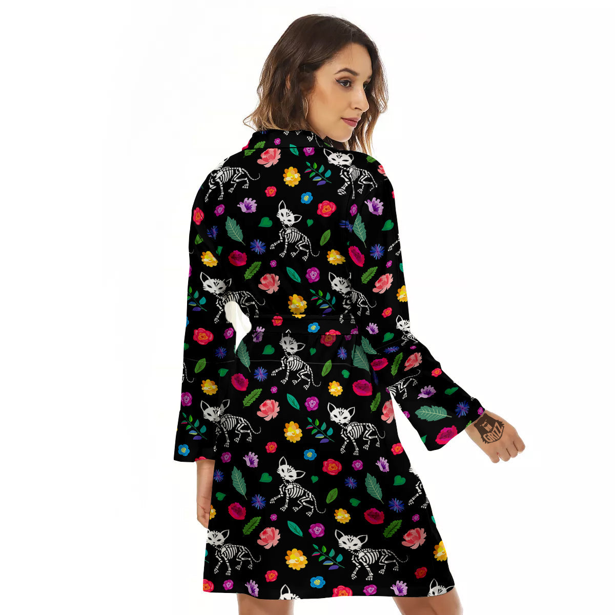 Calavera Cat Skeleton Print Pattern Women's Robe-grizzshop