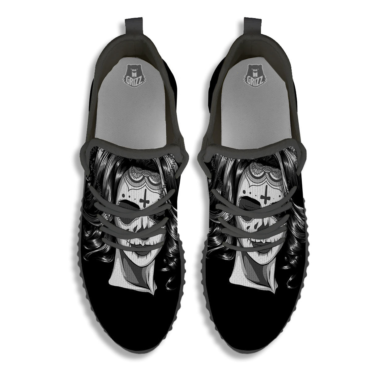 Calavera Girl White And Black Print Black Walking Shoes-grizzshop