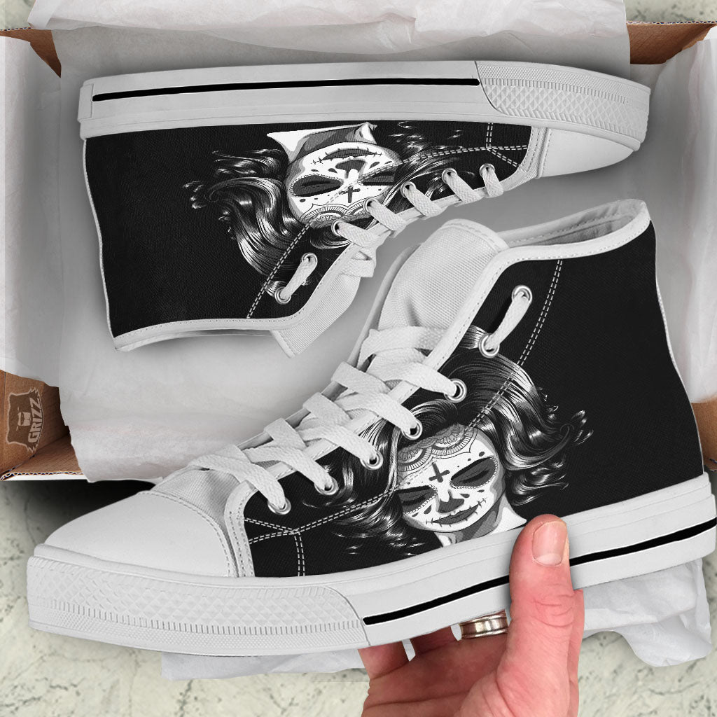 Calavera Girl White And Black Print White High Top Shoes-grizzshop