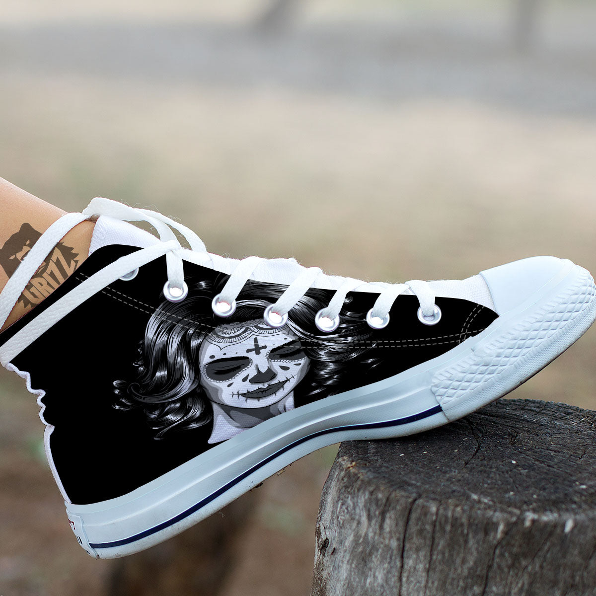 Calavera Girl White And Black Print White High Top Shoes-grizzshop
